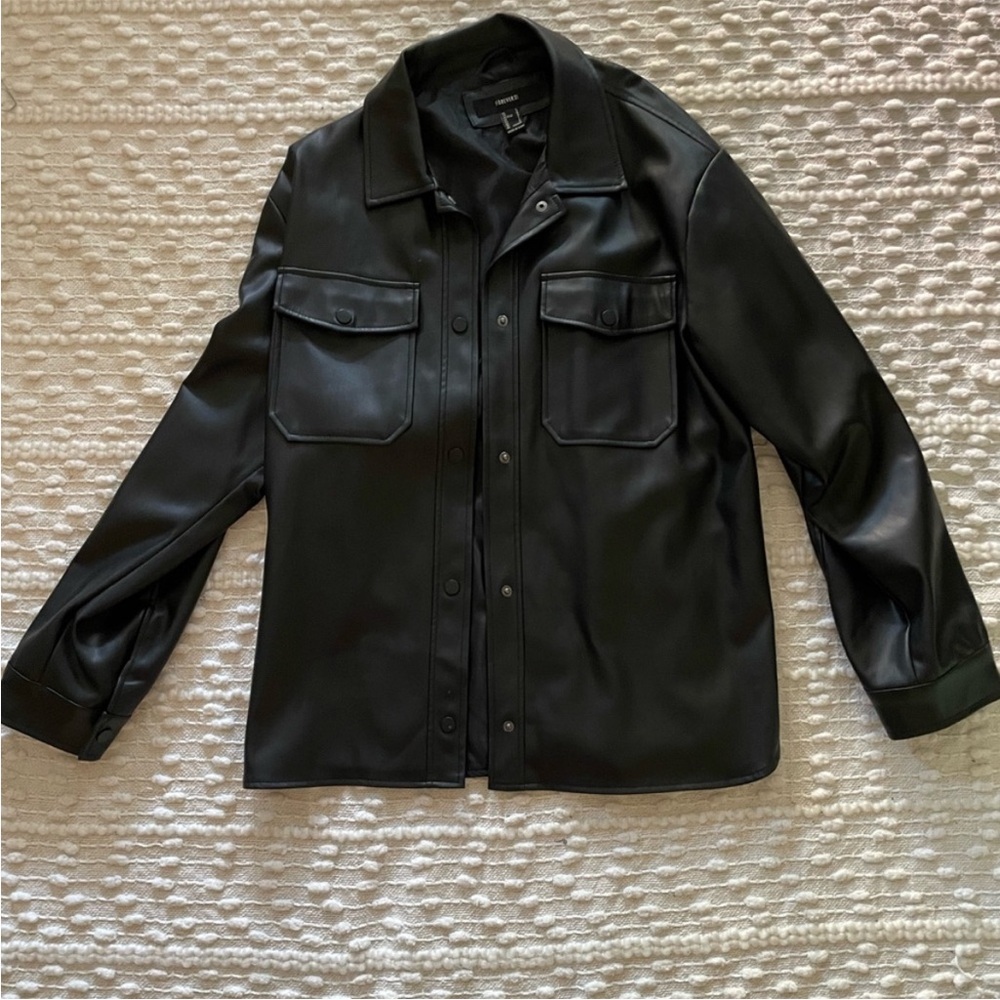 Forever 21 Black Faux Leather Shirt Jacket